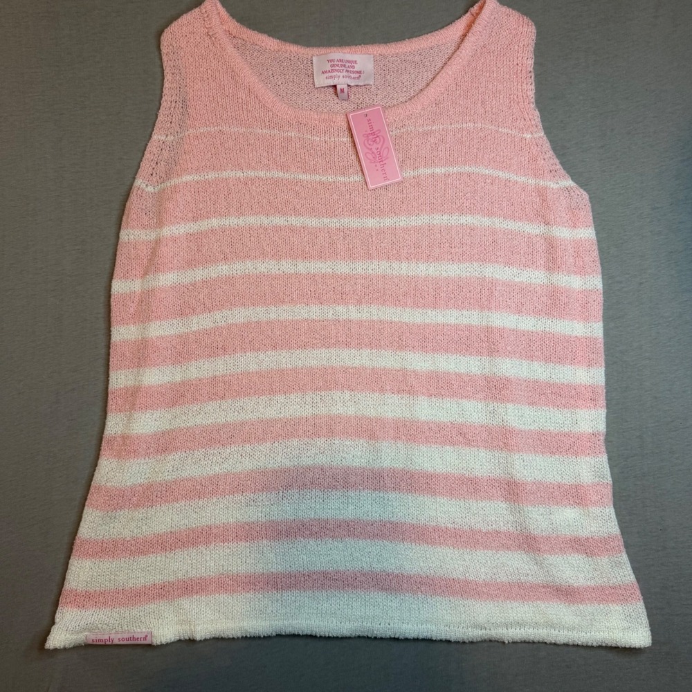 Simply Southern Pink White Striped Knit Tank Top Sleeveless Medium NEW